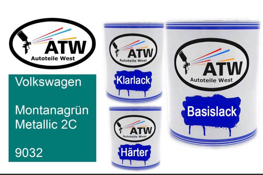 Volkswagen, Montanagrün Metallic 2C, 9032: 1L Lackdose + 1L Klarlack + 500ml Härter - Set, von ATW Autoteile West.